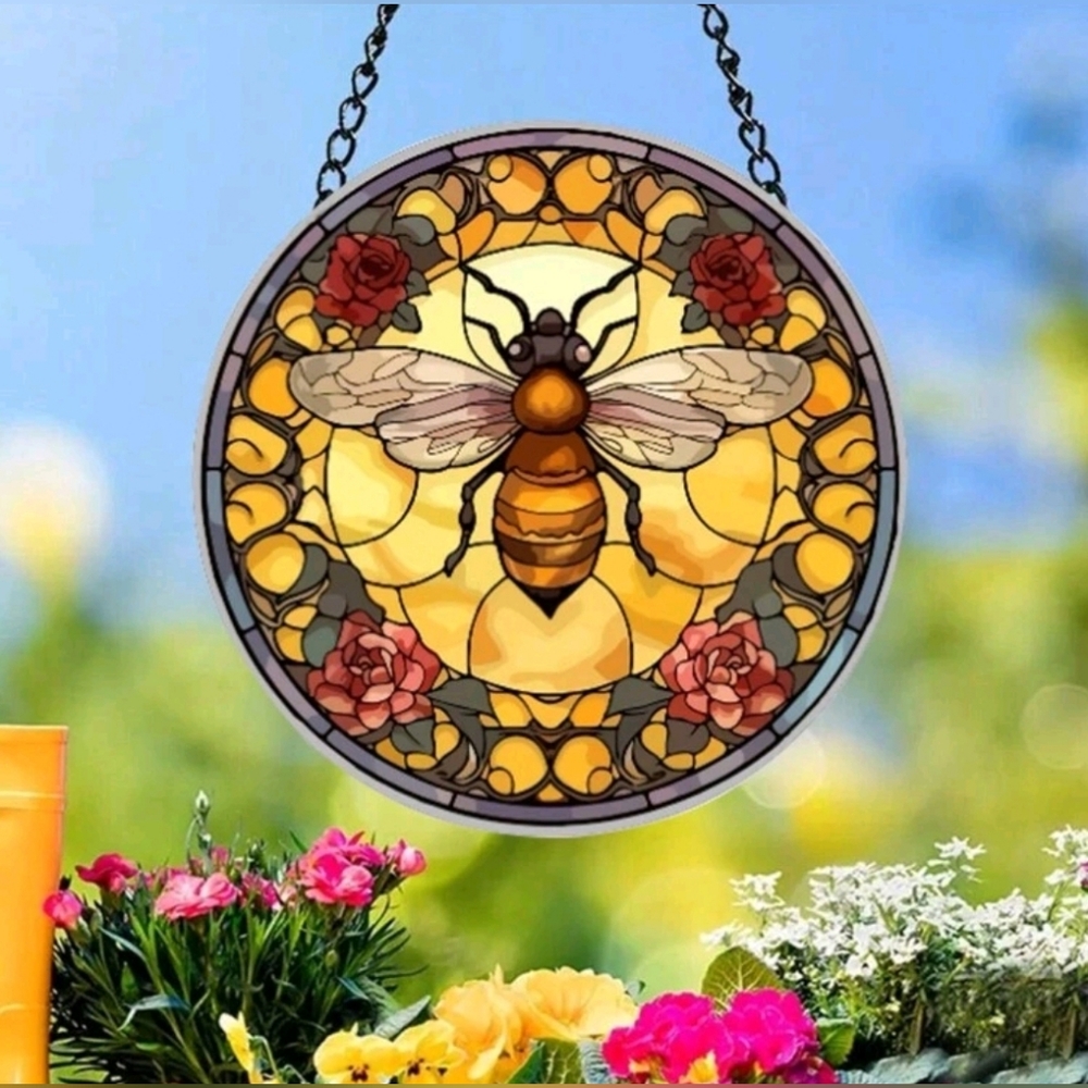 Bee Pattern Stained Glass Style Window Suncatcher | Double-Sided Acrylic Decor |